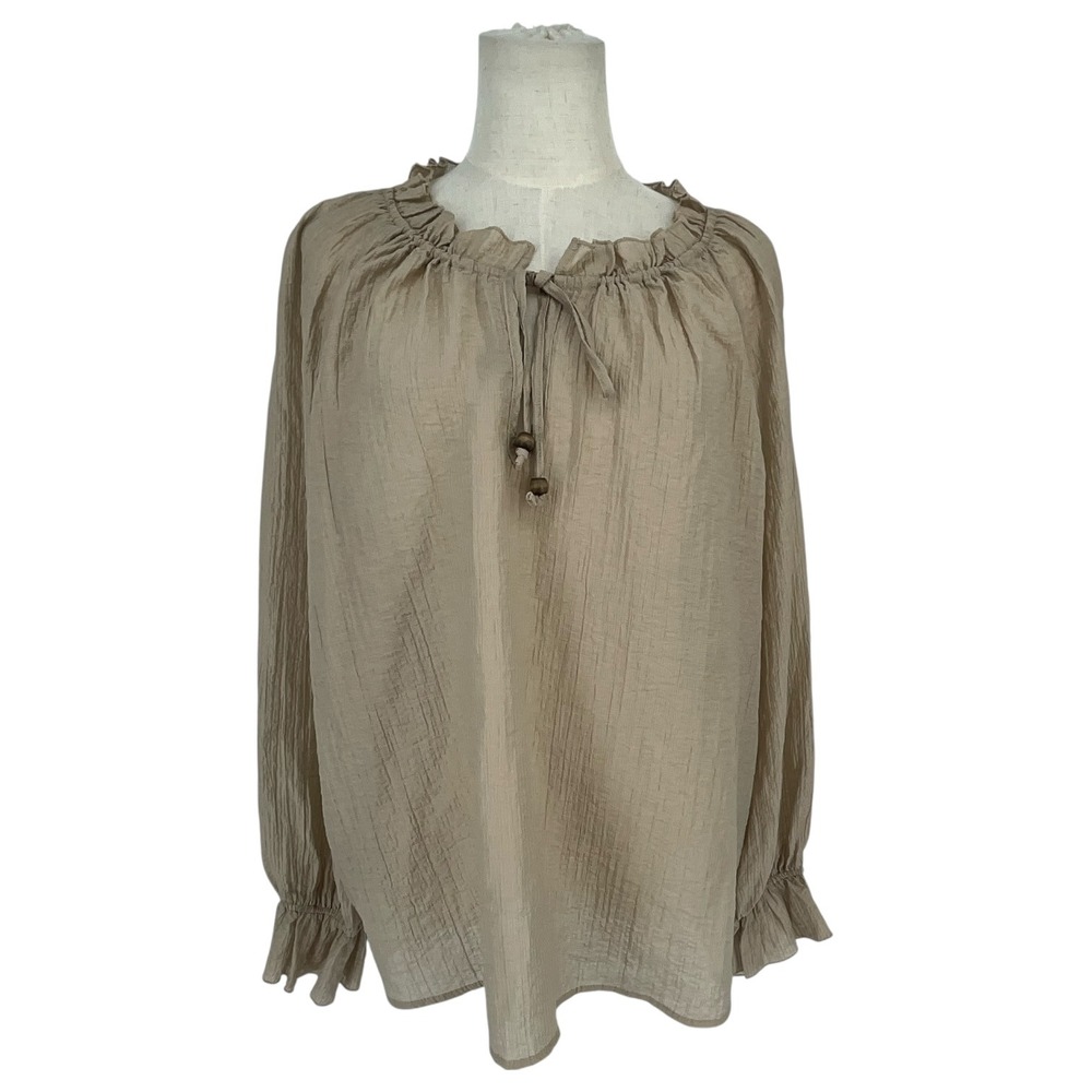 Martha Stewart Collection Tan Beige Ruffle Neck Peasant Blouse XL Lyocell‎ Blend